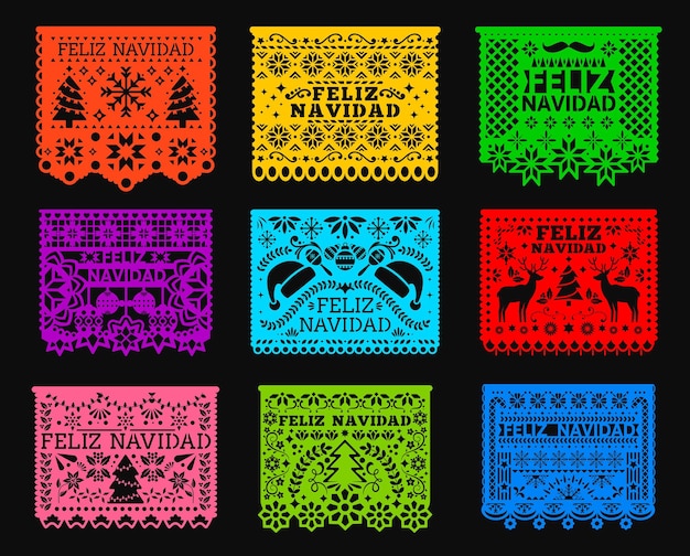 Vector feliz navidad mexican christmas paper cut papel picado flags and banners vector mexico holiday fiesta party garland of bright color paper flags with flowers christmas tree deer snowflakes pattern