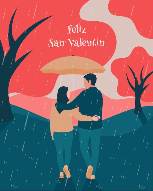 Vector feliz san valentin happy valentines day be my valentine couple walking in the rain