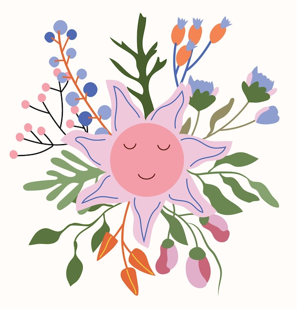 Felle zon met bloemen, kleurrijke bladeren, bes. Magische illustraties voor uw ontwerp.