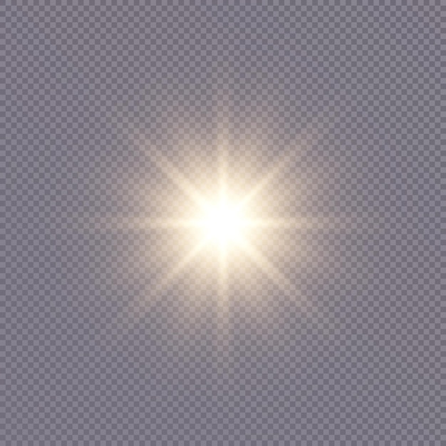 Felle zon schijnt met warme stralen, vectorillustratie gloed gouden ster op een transparante achtergrond.