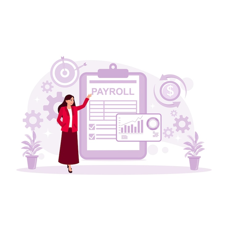 Vector female accountant examines company payroll financial documents payroll concept