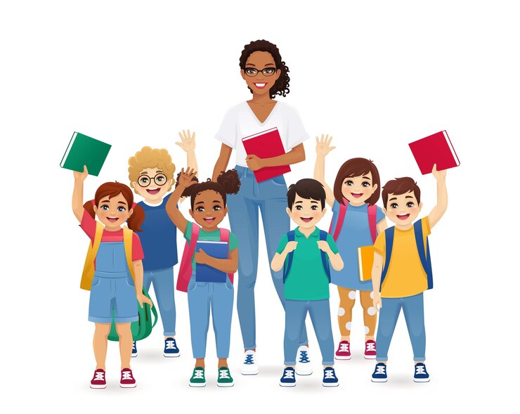 Vector female african teacher woman standing with group of school children kids with backpacks and books
