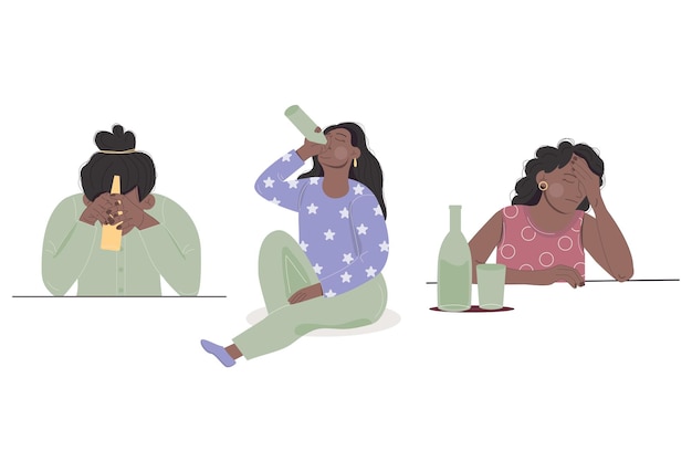 Vector female alcoholism concept african american woman sitting with bottle of alcohol