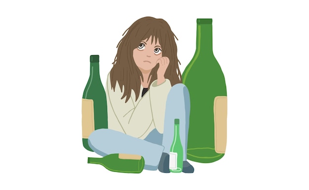 Vector female alcoholism drunk young woman sits in a pile of empty bottles alcohol abuse vector