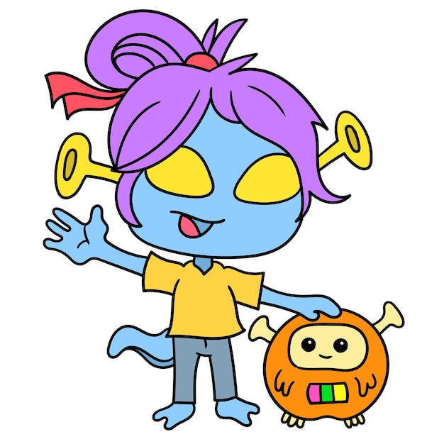 The female alien is waving her pet creature to say hello, doodle draw kawaii. illustration art