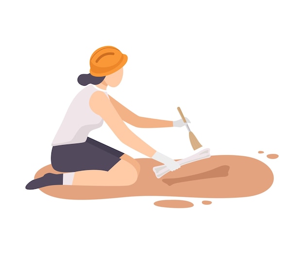 Vector female archaeologist sitting on ground and sweeping dirt from bone of skeleton using brush