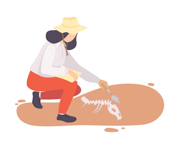 古代動物の骨格からブラシを使って汚れを拭く女性考古学者
