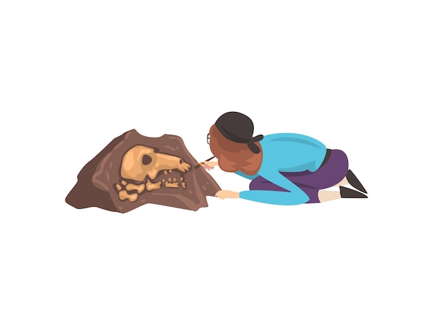 Female Archaeologist Sweeping Dirt from Bones of Skeleton Using Brush Paleontology Scientist Working on Excavations Vector Illustration on White Background