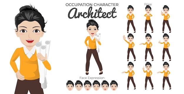 Female architect character set with variety of pose and face expression