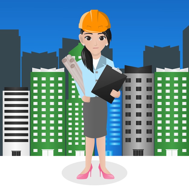 Vector female architect holding blueprint