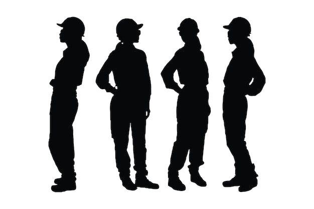 Female architects wearing uniforms silhouette set vector Modern female workers with anonymous faces on a white background Girl architects standing in different positions silhouette collection