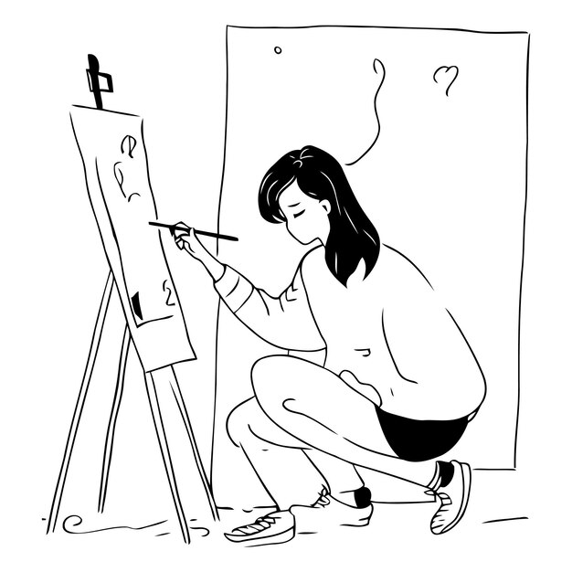 Vector female artist drawing on canvas in front of easel