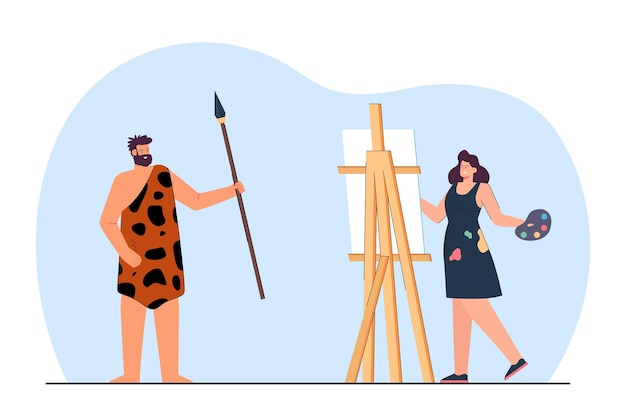 Female artist painting creative portrait of caveman at easel. Male model in animal skin holding spear flat vector illustration. Art workshop concept for banner, website design or landing web page