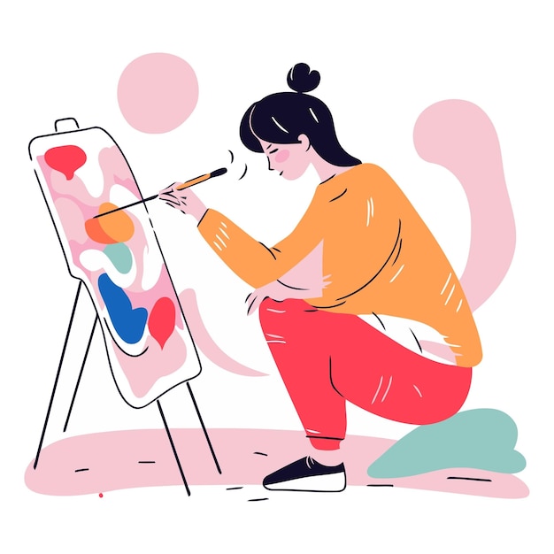 Female artist painting a picture on easel Flat vector illustration