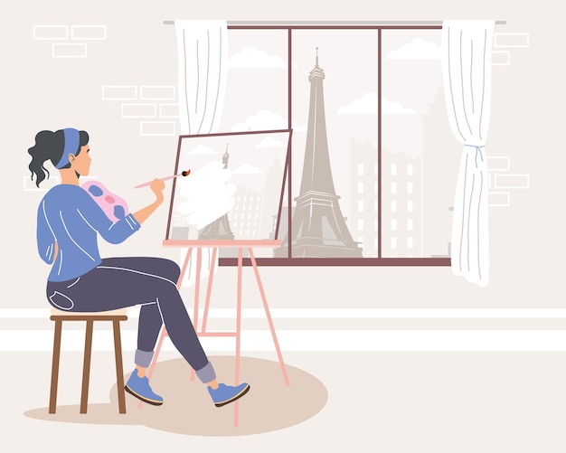 Vector female artist painting seated