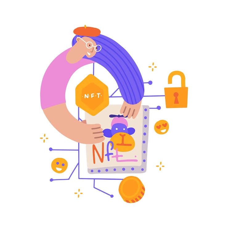 Vector female artist selling her artwork online. painter holding piece of art. technology of selling nft tokens for cryptocurrency. flat hand drawn vector illustration.