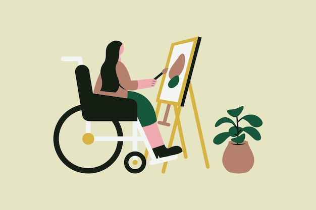 Female Artist in Wheelchair Vector Illustration