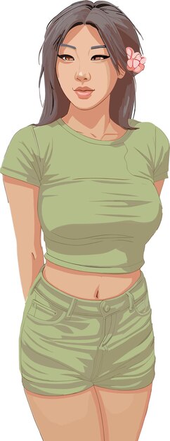 female asian girl with green clothes illustration