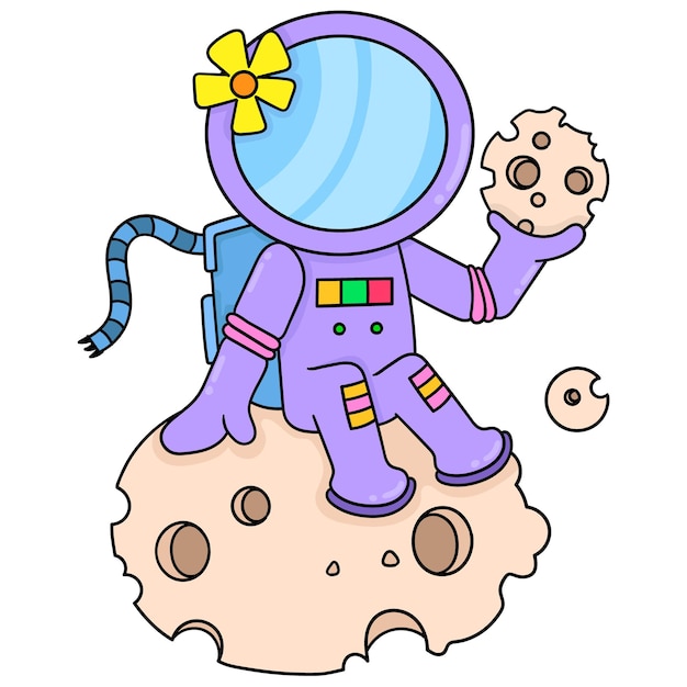 The female astronaut sits on a meteor rock and holds crumbs of rock in her hand, vector illustration art. doodle icon image kawaii.