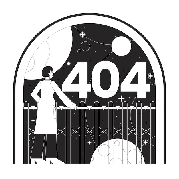 Female astronomy black white error 404 flash message Scientist observe sky Monochrome empty state ui design Page not found popup cartoon image Vector flat outline illustration concept