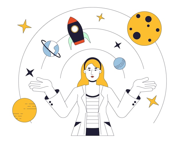 Female astrophysicist flat line concept vector spot illustration Space exploration Rocket science 2D cartoon outline character on white for web UI design Editable isolated color hero image