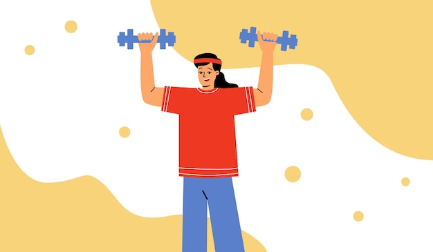 Vector a female athlete lifts dumbbells over her head girl with dumbbells hand exercises