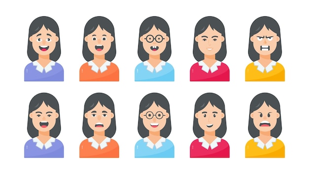 Avatar femminile e faccia da cartone animato con diverse espressioni facciali e set di illustrazioni dei personaggi