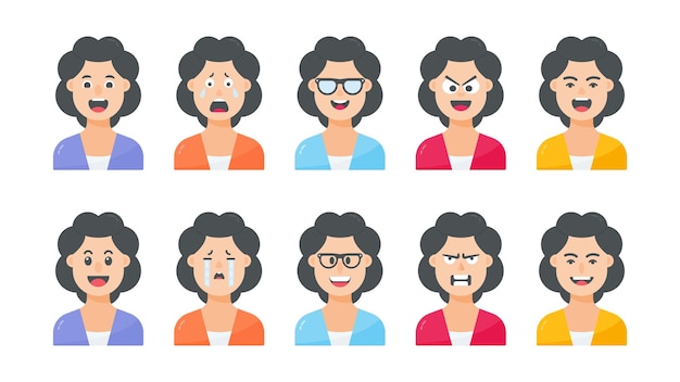 Avatar femminile e faccia da cartone animato con diverse espressioni facciali e set di illustrazioni dei personaggi