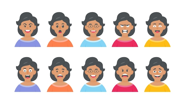 Avatar femminile e faccia da cartone animato con diverse espressioni facciali e set di illustrazioni dei personaggi