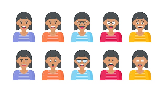 Avatar femminile e faccia da cartone animato con diverse espressioni facciali e set di illustrazioni dei personaggi