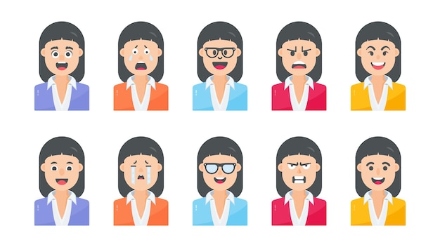 다른 표정으로 설정된 여성 아바타 및 기업 비즈니스 여성 캐릭터
