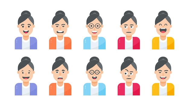 Female avatar and corporate business woman characters set with different facial expressions