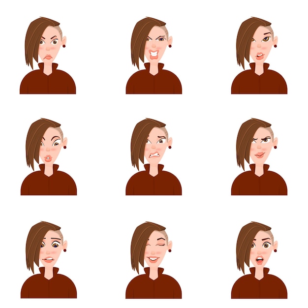 Vector female avatar with emotions cartoon style.