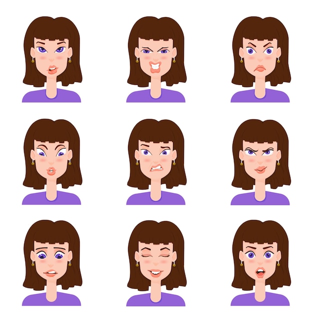 Vector female avatar with emotions cartoon style.