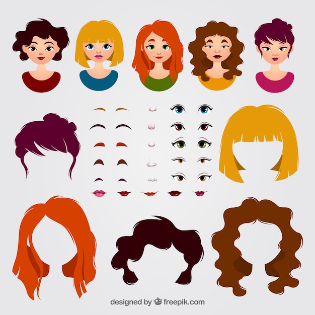 Vector female avatars and pack of elements