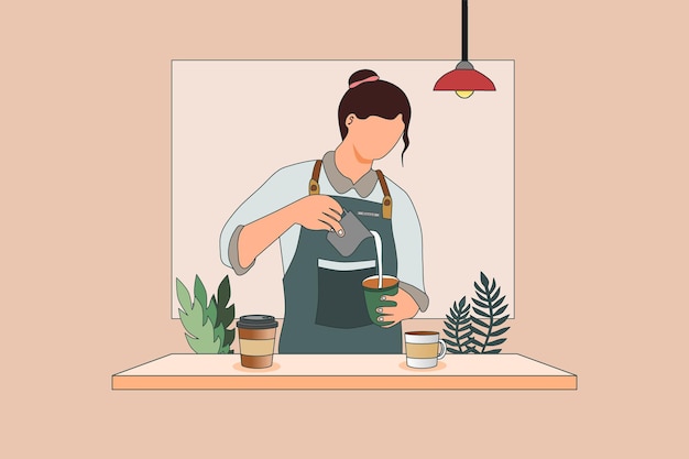 Female barista making coffee at coffee shop Vector illustration