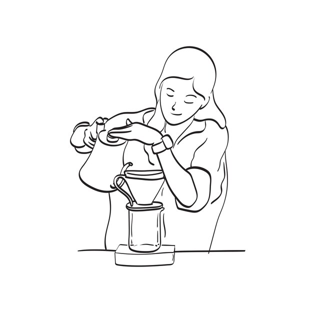 Female barista pouring hot water from classic jar to arabica coffee in filter illustration vector