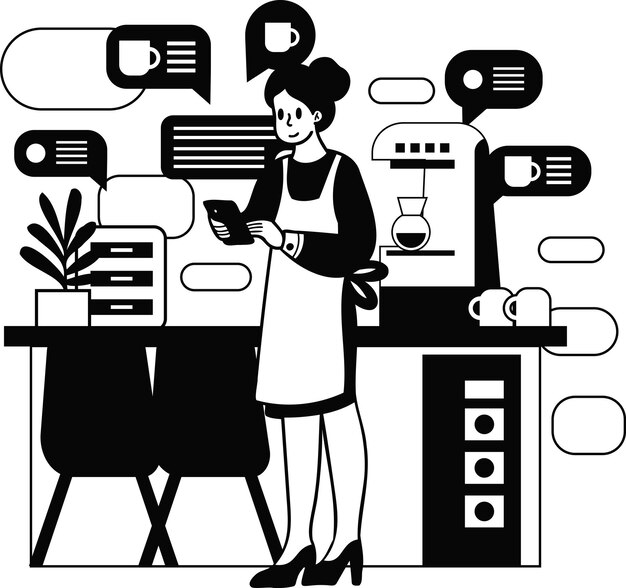 Female barista taking orders from smartphone illustration in doodle style