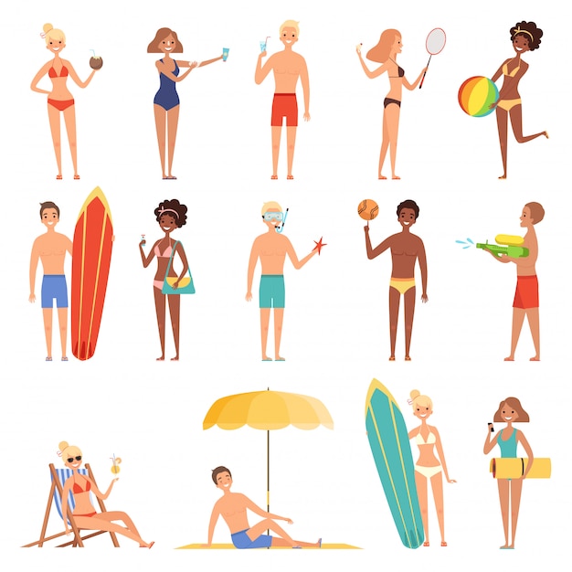 Female on beach. summer vacation or holidays people playing and sunbath sitting on deckchairs hot sun  characters