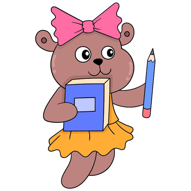 Female bear student brings a book and pencil to take notes. doodle icon kawaii.