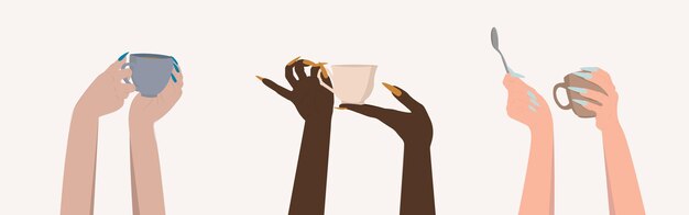 Vector female beautiful hands holding cups of coffee and tea