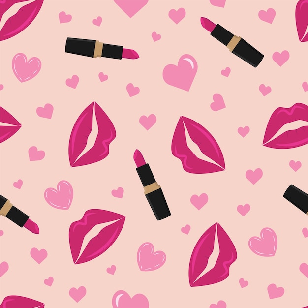 Female beauty seamless pattern with lips lipstick and hearts