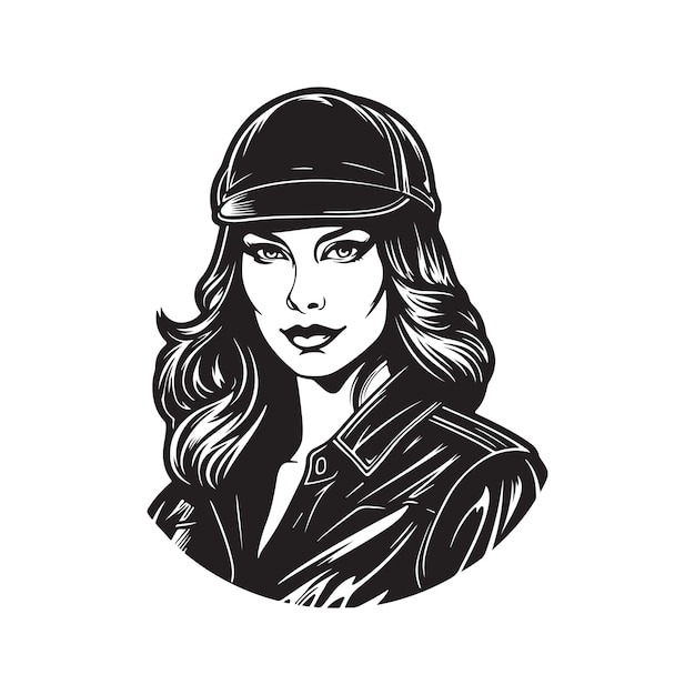 Female biker logo concept black and white color hand drawn illustration