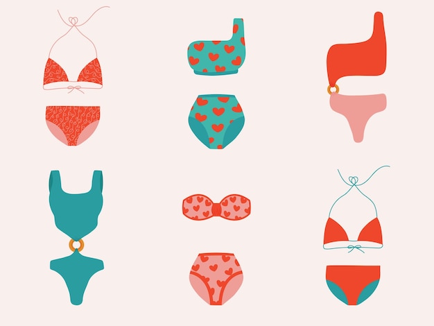 Collezione di accessori da spiaggia e bikini femminili design piatto disegnato a mano illustrazione di moda alla moda vettore premium