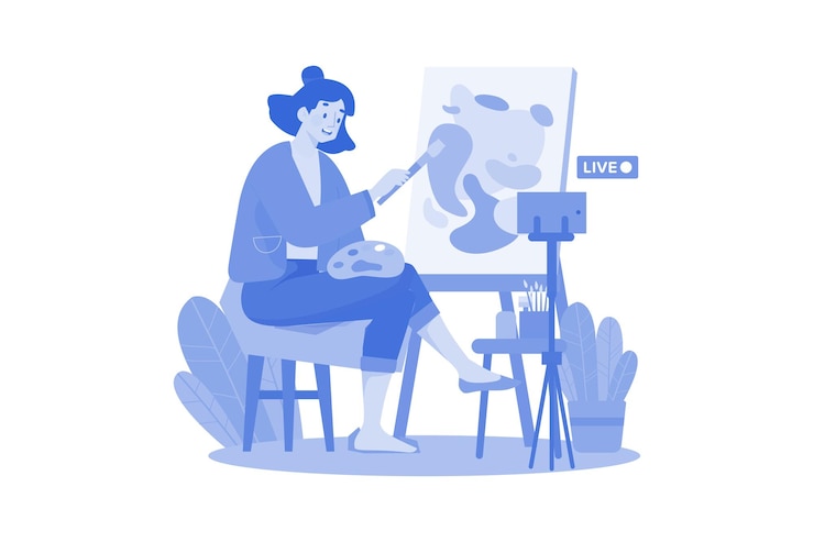 Vector female blogger draws a picture on canvas