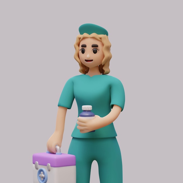 Vector female blonde nurse holds jar of medicine and first aid kit cute 3d character