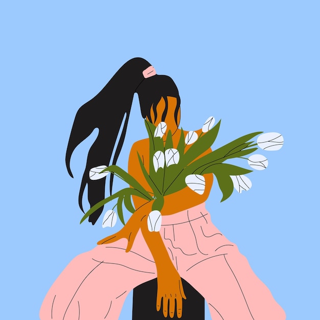 Female blooming from within flat vector illustration. Nude woman with flowers growing from chest.