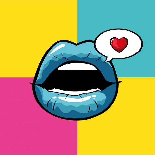 Vettore bocca pop art femminile e blu con bolla e cuore vettoriale