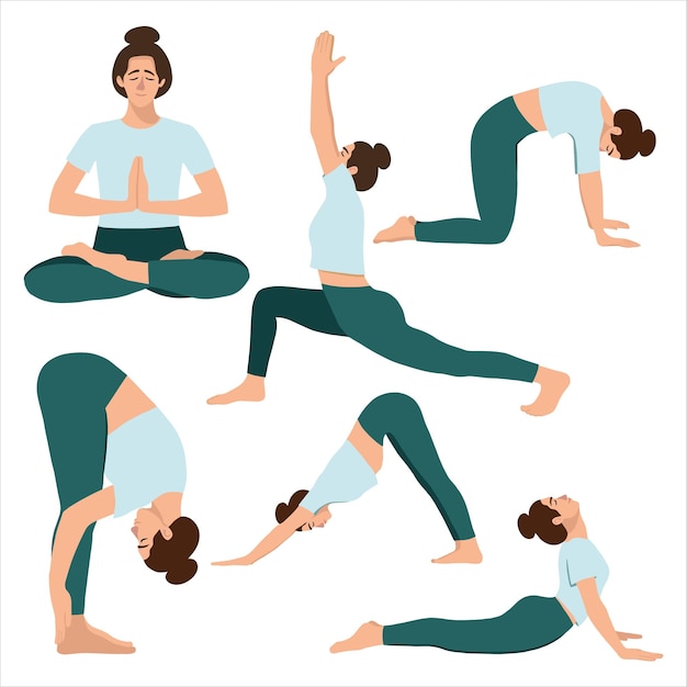 Female in a blue t -shirt and leggins practicing yoga. different isolated yoga poses on white background. hand drawn flat coloured vector illustartion.