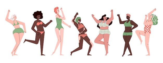 Female body positivity set  diverse group of women from skinny to plus size